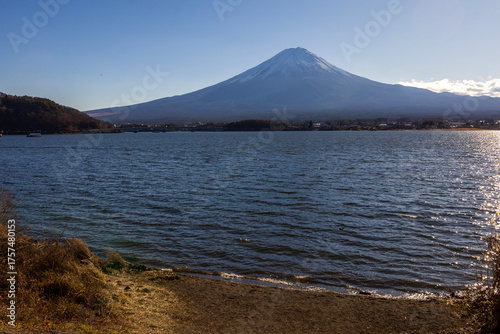 View of Close up landscape fuji mountain in winter at Lake Kawaguchi