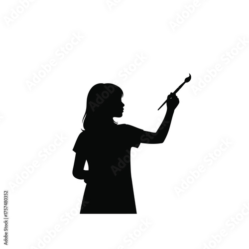 Young girl painting with brush silhouette
