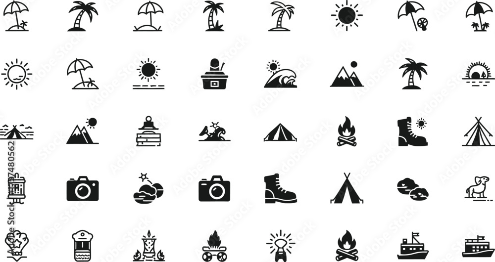 Naklejka premium Collection of black and white travel and outdoor adventure icons isolated on transparent background