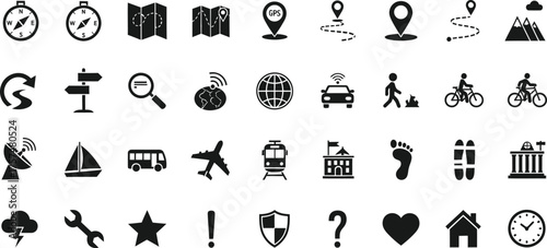Collection of travel and navigation icons including compass maps location pins transportation and landmarks isolated on transparent background