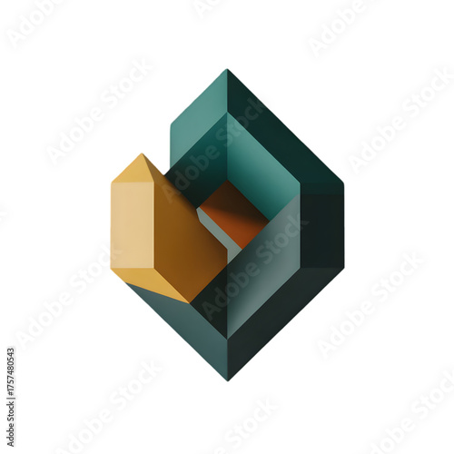 Fototapeta Naklejka Na Ścianę i Meble -  Complex 3D abstract geometric logo featuring interlocking dark green and golden angular elements, symbolizing corporate stability isolated on transparent background