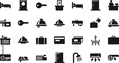 Collection of hotel service icons representing amenities and facilities isolated on transparent background