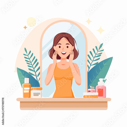 Woman admiring herself in the mirror with skincare products on the counter.