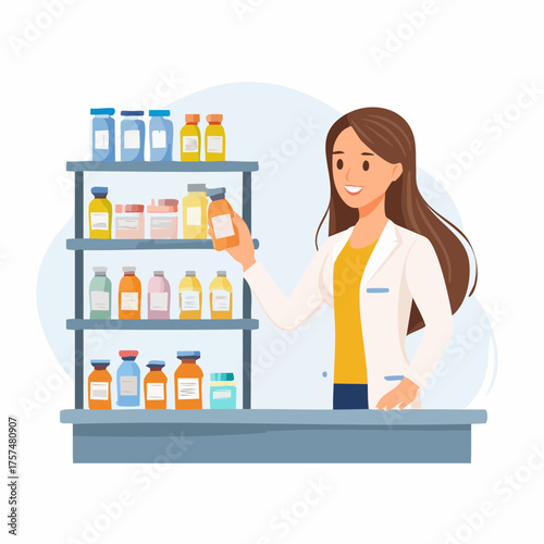 Pharmacist holding medicine bottle in pharmacy with shelves of medications.