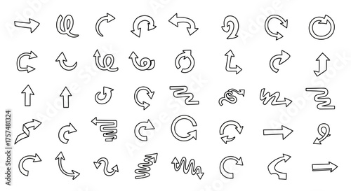 A comprehensive collection of diverse arrow icons, showcasing various directions, curves, and styles for graphic design and UI elements.