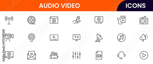 Modern vector line icons representing media tools, cameras, microphones, play buttons, and screens, perfect for digital content and broadcasting platforms.