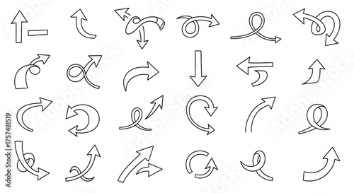 A collection of hand-drawn arrow icons with various styles and directions, presented in a clean, minimalist line art.