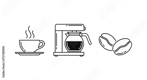 Line art illustration of a cup of coffee, coffee maker, and coffee beans.