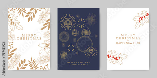 A Merry Christmas and Happy New Year greeting card. Holly berries and branches, a Christmas tree, golden branches, and festive fireworks. 