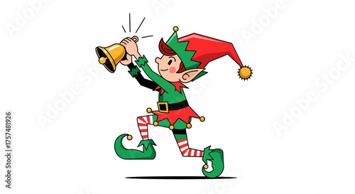 A cartoon elf in a green and red outfit is ringing a golden bell while running.