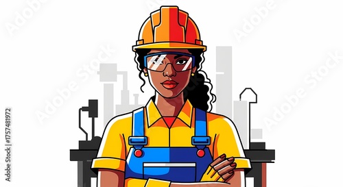Confident African American woman engineer with dark skin, wearing a protective hard hat, safety glasses, and blue overalls, working in an industrial setting illustration.