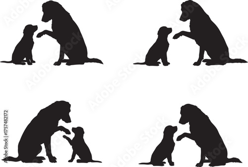 Four silhouette illustrations of a large dog and a small dog interacting playfully and affectionately