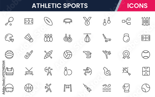 Sports vector web line icon collection sleek illustrations of balls, equipment, fitness, and athletic symbols for dynamic, active designs.