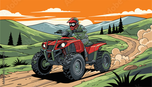 All-Terrain Vehicle (ATV) Vector Illustration.A detailed vector illustration of an all-terrain vehicle (ATV), a motorized off-road vehicle designed for single riders or passengers.