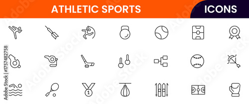 Sports vector web line icon collection sleek illustrations of balls, equipment, fitness, and athletic symbols for dynamic, active designs.