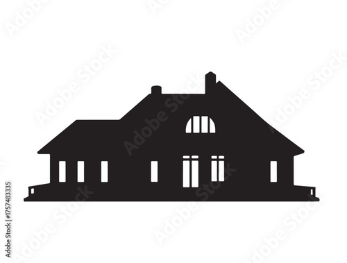 Hip-roof house in silhouette full white background.