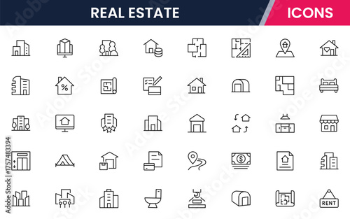 Real Estate vector web line icon collection, sleek illustrations of houses, apartments, keys, and property symbols for professional designs.