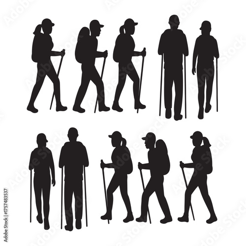 Dynamic Collection of Silhouettes Depicting Hikers and Trekkers with Backpacks and Walking Poles, Illustrating Outdoor Adventure and Mountain Exploration