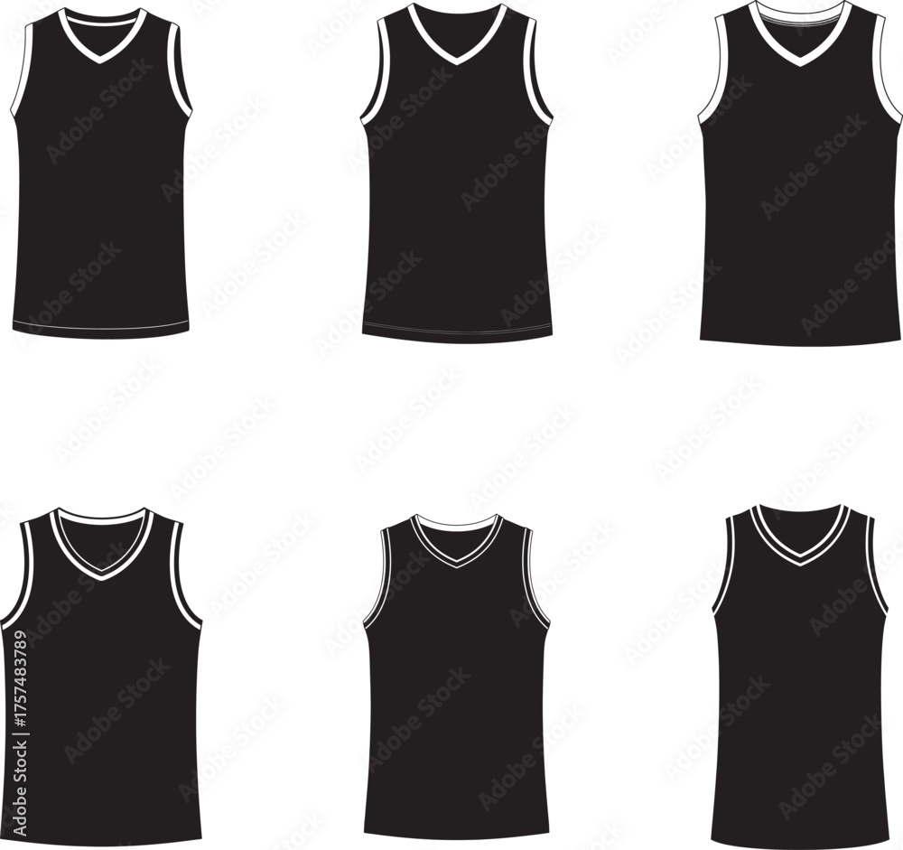 Fototapeta premium Six black basketball jerseys displayed in a grid pattern on a white background