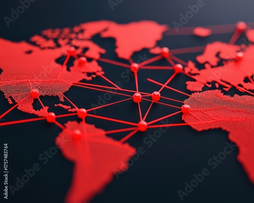 Network infographic with trade lines disrupted by red tariff points