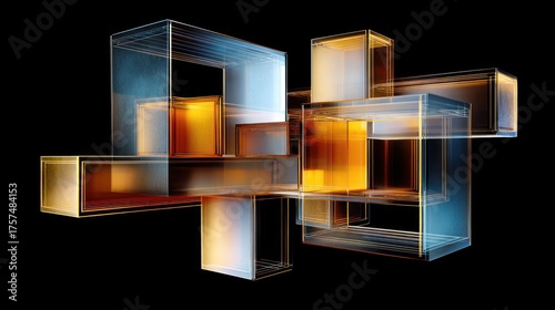 Abstract Interlocking Glass Cubes with Golden Edges on Black Background