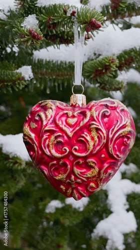 Shining red heart Christmas decoration hanging outside in snow evoking warmth, peace, festive magic perfect background, gift shop visuals, New Year greeting cards and winter marketing content