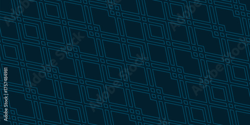 Subtle vector geometric abstract texture. Minimalist linear seamless pattern. Simple dark blue background with outline grid, diagonal lattice, diamonds, rhombuses, thin lines. Repeating modern design