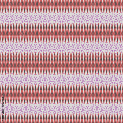 Symmetrical pattern featuring horizontal rows of intricate designs. Alternating red and purple motifs create a lattice-like effect. 