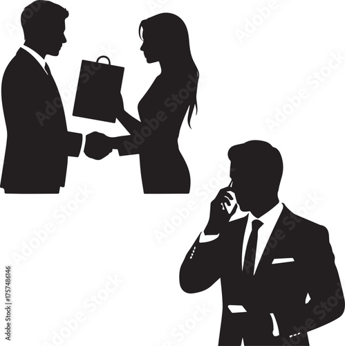 Business Deal Silhouette – Professional Man and Woman Meeting Illustration