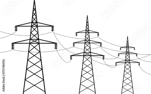 High voltage electricity transmission towers, power pylons with cables, energy infrastructure, industrial grid system, renewable energy distribution, electrical engineering