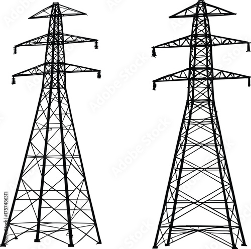 High voltage electricity transmission towers, power pylons, lattice steel structures, energy infrastructure, electrical grid, industrial engineering, utility lines, renewable energy