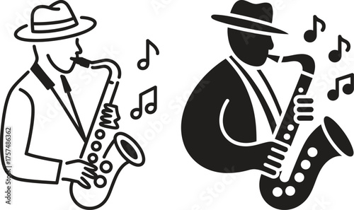 Two stylized illustrations of a man playing a saxophone in different artistic styles