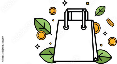 Shopping bag illustration with leaves and coins, representing eco-friendly purchases and financial gains