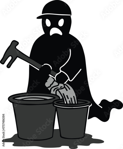 Cartoon janitor character, sad worker illustration, floor cleaning art, whimsical mop design, water spill scene, custodial concept, environmental responsibility figure