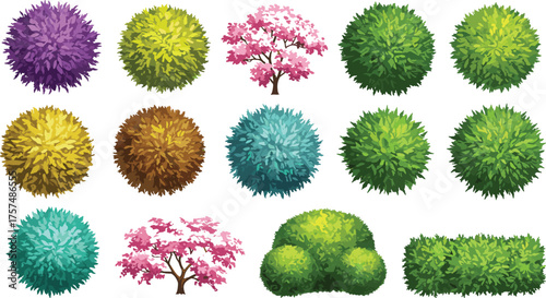 Colorful cartoon top-down trees and shrubs in vibrant hues, ideal for game assets, garden designs, landscape illustrations, UI elements, and digital art projects with clean vector style