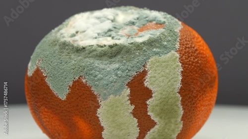 Rotten mandarin. Tangerine covered with mold. Rotten citrus fruit rotates on grey background