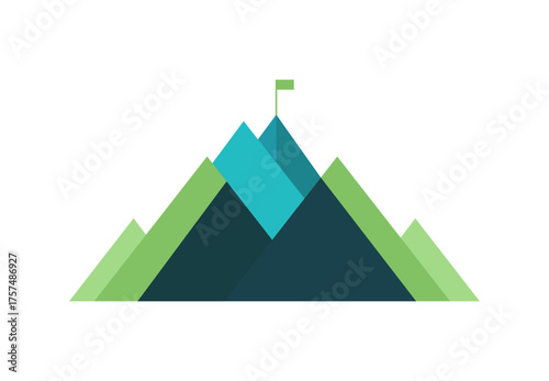 Green and blue mountain peak with flag symbolizing achievement and success
