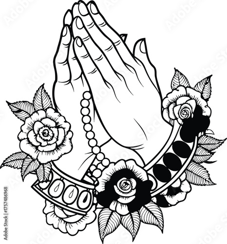 Praying hands with rosary beads and roses tattoo design