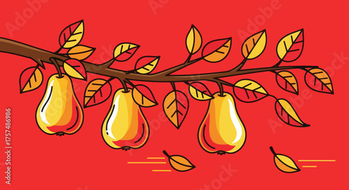 Pears hang from a branch with autumn leaves on a red background