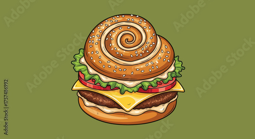 Cartoon burger w/ spiral bun, meat, cheese, tomato, & lettuce on olive background