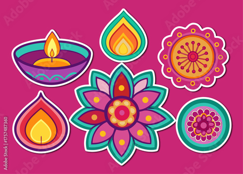 Vibrant Collection of Diwali Inspired Stickers Featuring Diyas and Floral Rangoli Designs on a Pink Background