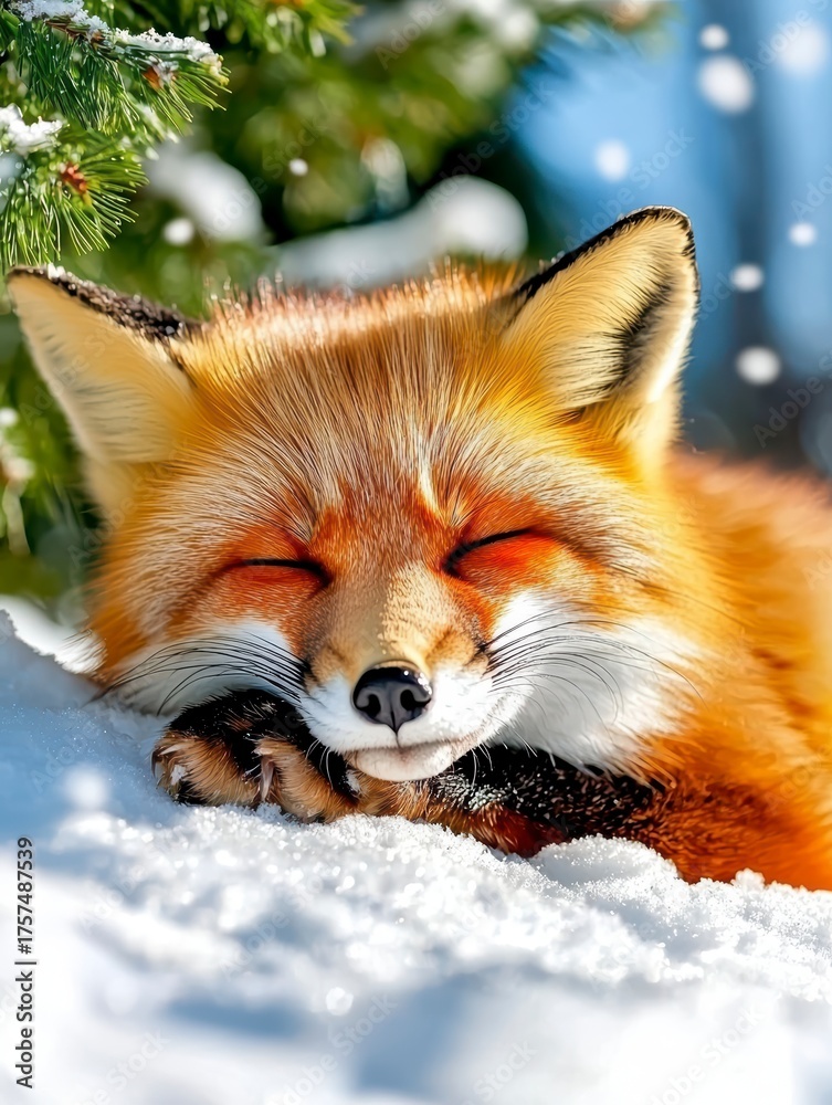 Fototapeta premium Playful red fox relaxing in snowy winter wonderland nature photography outdoor serenity close-up view