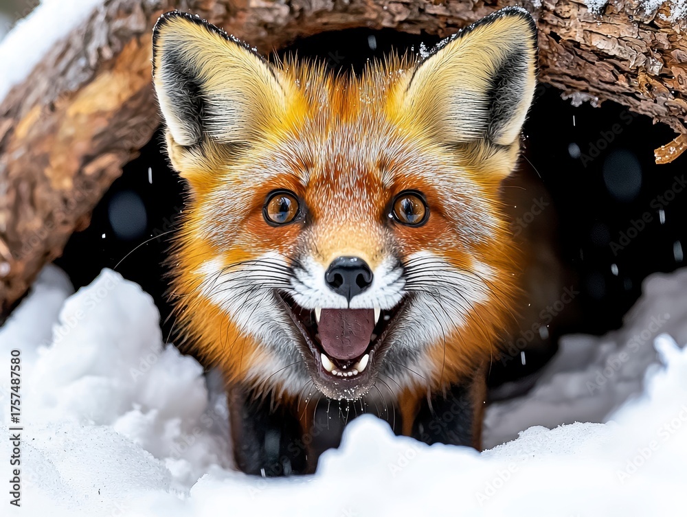 Fototapeta premium Snowy fox in winter wonderland wildlife photography forest environment close-up view captivating nature