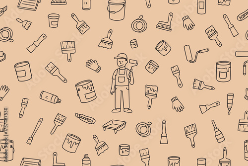 A seamless pattern of painting tool icons, home improvement equipment, rollers, brushes, and masking tape. Doodle-style illustrations of finishing work, painters, and tools.