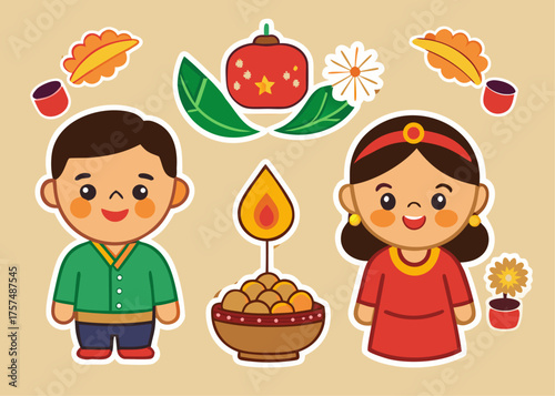 Cute Cartoon Illustration of Tihar Festival Elements Boy Girl Flowers Sweets and Traditional Decorations colorful