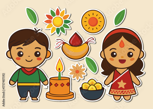 Cartoon Illustration of Diwali Celebration with Children Sweets Flowers and Decorations in a Flat Style