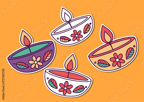 Colorful Diwali Lamps Illustration with Decorative Flowers and Leaves on a Vibrant Orange Background Four
