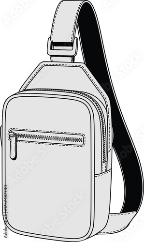 Modern sling bag illustration, crossbody fashion accessory, stylish unisex shoulder bag design, detailed product drawing, casual travel gear, trendy everyday use