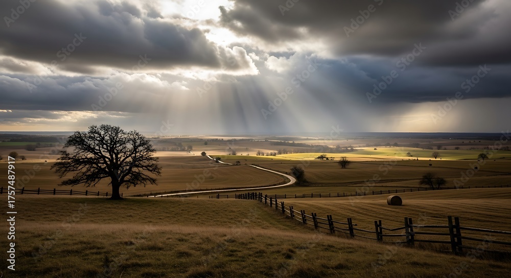 Obraz premium Dramatic landscape with sun rays breaking through cloudy sky over rural fields