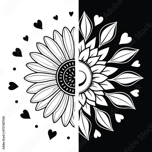 Artistic half sunflower divided black and white with scattered hearts and leaves symbolizing duality contrast and nature s beauty in monochrome design